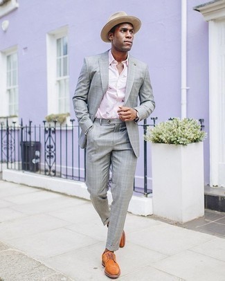 Pink Print Dress Shirt Outfits For Men: A pink print dress shirt looks especially polished when combined with a grey plaid suit in a modern man's combo. Let your outfit coordination sensibilities truly shine by finishing your look with a pair of tobacco suede derby shoes.