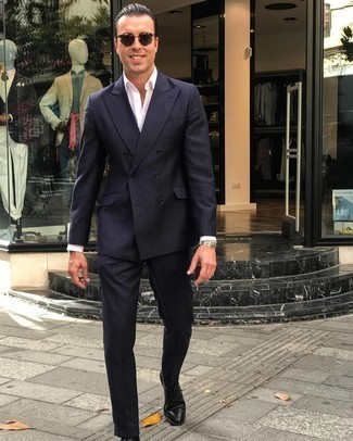 Blue Suit with Black Leather Derby Shoes Dressy Warm Weather Outfits: Consider teaming a blue suit with a white dress shirt if you're going for a proper, sharp outfit. Finish off with black leather derby shoes to instantly amp up the cool of your look.