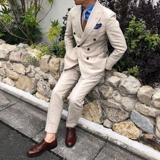 Blue Dress Shirt Outfits For Men: A blue dress shirt looks so refined when worn with a beige suit in a modern man's look. For times when this ensemble is too much, tone it down by sporting a pair of dark brown leather derby shoes.