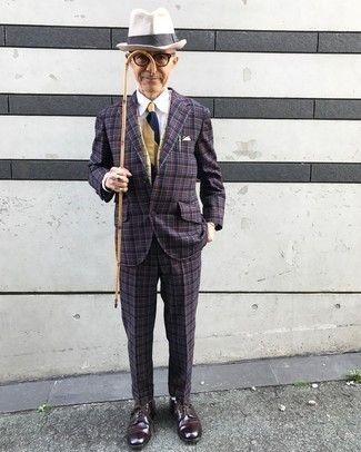 Dark Brown Leather Derby Shoes Dressy Outfits: Choose a dark brown plaid wool suit and a white dress shirt - this look is bound to make an entrance. Introduce dark brown leather derby shoes to the equation to inject a dash of stylish effortlessness into your look.