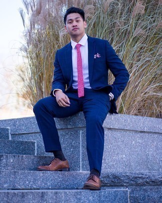 Hot Pink Tie Outfits For Men: A navy check suit and a hot pink tie are absolute wardrobe heroes if you're putting together a sophisticated wardrobe that matches up to the highest sartorial standards. Inject a more casual spin into this ensemble by finishing with brown leather derby shoes.