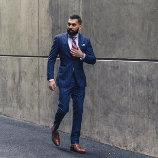 Burgundy Horizontal Striped Tie Outfits For Men: Marry a navy vertical striped suit with a burgundy horizontal striped tie for incredibly stylish attire. Introduce brown woven leather derby shoes to this outfit to loosen things up.