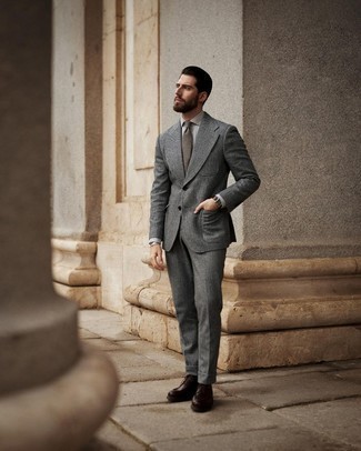 Charcoal Check Wool Suit Outfits: A charcoal check wool suit and a grey dress shirt are an elegant combination that every dapper guy should have in his wardrobe. To introduce a more laid-back spin to this look, complement your outfit with a pair of dark brown leather derby shoes.