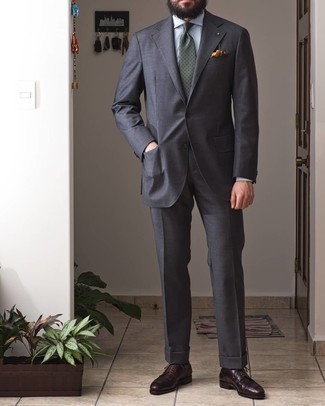 Men's Charcoal Suit, White Dress Shirt, Burgundy Leather Derby Shoes, Dark Green Polka Dot Tie