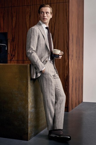 Men's Grey Vertical Striped Suit, White Dress Shirt, Dark Brown Suede Derby Shoes, Dark Brown Knit Tie