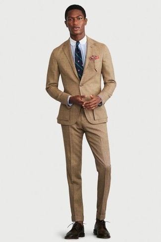 Burgundy Print Pocket Square Warm Weather Outfits: For relaxed dressing with a modern spin, consider teaming a tan check suit with a burgundy print pocket square. For something more on the elegant end to finish off your look, introduce dark brown leather derby shoes to this ensemble.