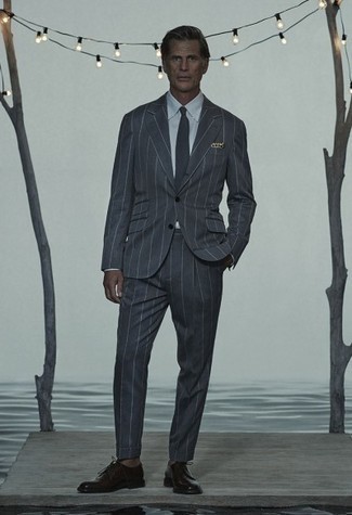 Beige Print Pocket Square Outfits: Try teaming a charcoal vertical striped suit with a beige print pocket square for relaxed dressing with a modernized spin. On the fence about how to finish this outfit? Round off with dark brown leather derby shoes to dial it up.