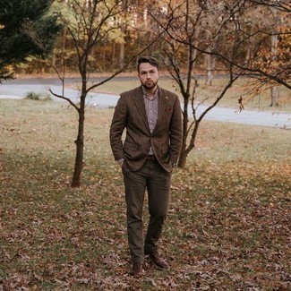 Dark Brown Suit Outfits: To look like a true dandy, marry a dark brown suit with a dark brown gingham dress shirt. If in doubt about what to wear when it comes to footwear, go with a pair of dark brown leather derby shoes.