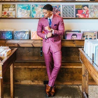 Hot Pink Suit Outfits: To look nice and dapper, dress in a hot pink suit and a white dress shirt. Want to dial it down on the shoe front? Add a pair of tobacco leather derby shoes to this look for the day.