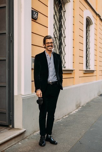 Desert Boots Outfits: Go all out in a black corduroy suit and a white and navy vertical striped dress shirt. Not sure how to finish off? Add desert boots to the mix for a more relaxed spin.