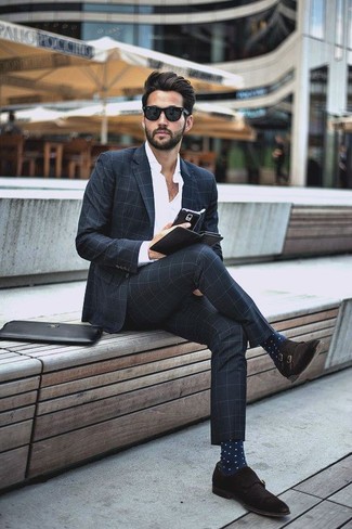 Navy and White Polka Dot Socks Outfits For Men: This combination of a black check suit and navy and white polka dot socks is a great outfit for off duty. A pair of dark brown suede double monks easily turns up the style factor of any look.