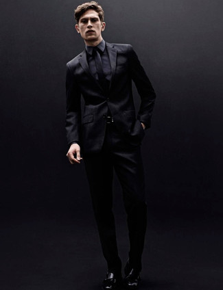Men's Black Suit, Black Dress Shirt, Black Leather Double Monks, Black Tie