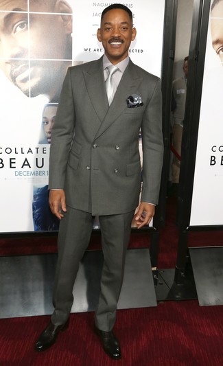Will Smith wearing Charcoal Suit, Grey Dress Shirt, Black Leather Double Monks, Grey Tie