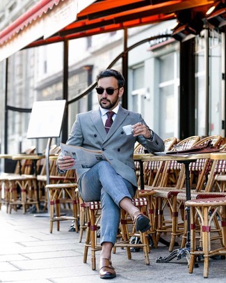 Grey Suit Outfits: Go all out in a grey suit and a white dress shirt. Rounding off with a pair of brown leather double monks is an effective way to introduce a more laid-back twist to this outfit.