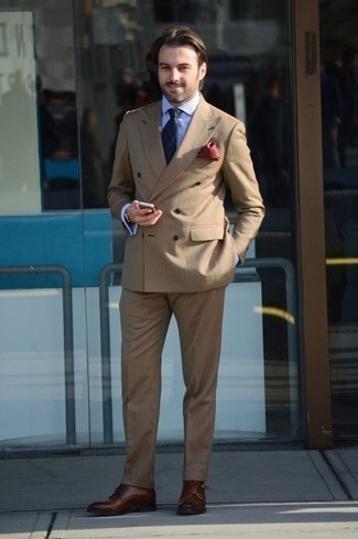 Burgundy Pocket Square Dressy Outfits: Pairing a tan vertical striped suit with a burgundy pocket square is an awesome choice for a casual and cool ensemble. Ramp up this whole outfit by rounding off with brown leather double monks.