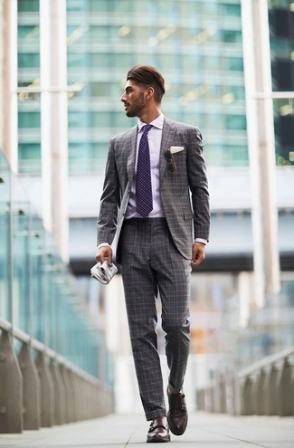 Light Violet Polka Dot Tie Outfits For Men: A grey check suit and a light violet polka dot tie are among the crucial elements in any gent's closet. A pair of dark brown leather double monks will immediately tone down a classic outfit.