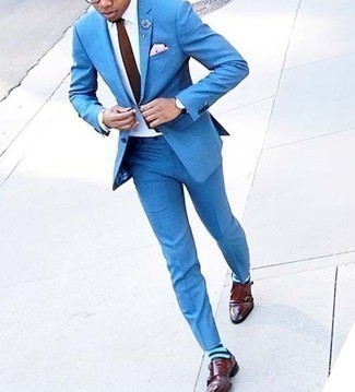 Aquamarine Socks Outfits For Men: An aquamarine suit and aquamarine socks are the perfect way to introduce effortless cool into your casual styling collection. You could perhaps get a bit experimental in the footwear department and complete this outfit with dark brown leather double monks.