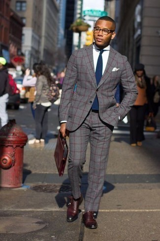 Red Leather Briefcase Outfits: This is irrefutable proof that a grey check suit and a red leather briefcase are amazing when paired together in a casual look. And if you need to instantly lift up this outfit with a pair of shoes, why not complement your look with burgundy leather double monks?