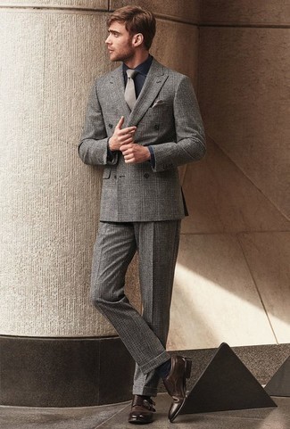 Charcoal Pocket Square Dressy Outfits: A grey plaid suit and a charcoal pocket square are a combination that every modern man should have in his casual collection. If you want to instantly kick up your outfit with shoes, why not add a pair of dark brown leather double monks to the mix?