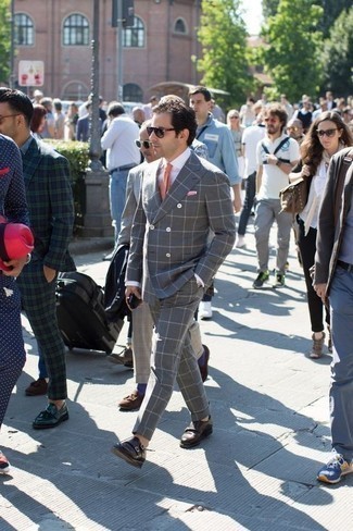 Pink Pocket Square Outfits: This is hard proof that a grey check suit and a pink pocket square look awesome if you wear them together in a casual look. If you wish to immediately polish off your ensemble with shoes, introduce dark brown leather double monks to the equation.