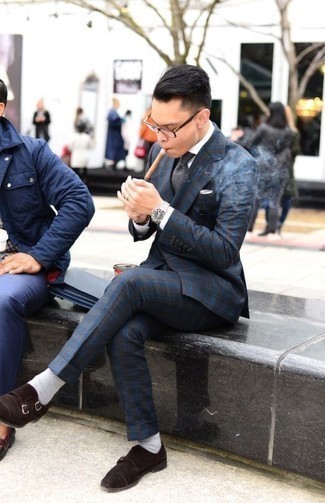 Dark Brown Beaded Bracelet Outfits For Men: Why not choose a navy plaid suit and a dark brown beaded bracelet? As well as very practical, both pieces look awesome teamed together. Make a bit more effort with footwear and complement this outfit with dark brown suede double monks.