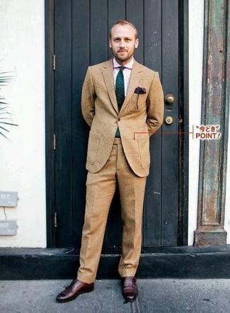 Olive Print Tie Outfits For Men: You'll be surprised at how extremely easy it is to pull together this classy ensemble. Just a tan suit paired with an olive print tie. Complete this look with a pair of burgundy leather double monks to keep the outfit fresh.