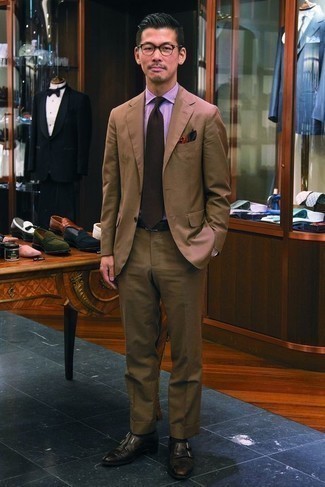 Brown Suit with Purple Shirt Outfits: A brown suit and a purple shirt are a truly dapper combo for any gentleman to try. To give this look a more refined touch, why not introduce black leather double monks to the equation?