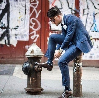Navy and White Socks Outfits For Men: If you're searching for a laid-back and at the same time stylish ensemble, try pairing a blue check suit with navy and white socks. Feel somewhat uninspired with this outfit? Enter dark brown leather double monks to switch things up.