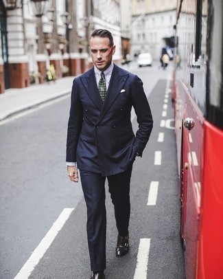 Dark Green Print Tie Outfits For Men: A navy suit looks so sophisticated when married with a dark green print tie in a modern man's combo. Put a fresh spin on your getup by rounding off with dark brown leather double monks.