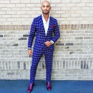 White Check Dress Shirt Outfits For Men: Teaming a white check dress shirt and a blue plaid suit is a fail-safe way to infuse personality into your closet. Throw a pair of burgundy leather double monks in the mix and ta-da: this look is complete.