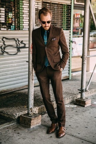 Dark Brown Print Pocket Square Outfits: If you're looking for a laid-back but also seriously stylish outfit, reach for a brown suit and a dark brown print pocket square. Take your ensemble down a more sophisticated path by sporting a pair of brown leather double monks.