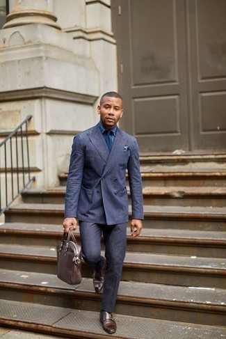 Men's Navy Suit, Blue Chambray Dress Shirt, Brown Leather Double Monks, Brown Leather Briefcase