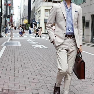Dark Brown Leather Briefcase Outfits: A beige suit and a dark brown leather briefcase are a combination that every style-savvy guy should have in his closet. To introduce a bit of classiness to your look, introduce a pair of dark brown leather double monks to the mix.