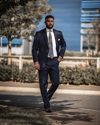 Tobacco Leather Double Monks Outfits: Hard proof that a navy suit and a white dress shirt look awesome when you pair them in a refined getup for today's guy. Finishing with tobacco leather double monks is a surefire way to inject a more laid-back twist into this look.