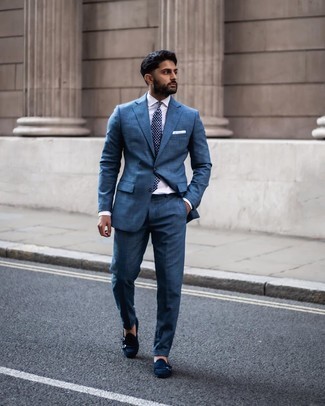 Navy Suede Double Monks Outfits: Definitive proof that a blue suit and a white dress shirt look awesome when paired together in a sophisticated ensemble for today's gent. Ramp up your whole ensemble by wearing a pair of navy suede double monks.