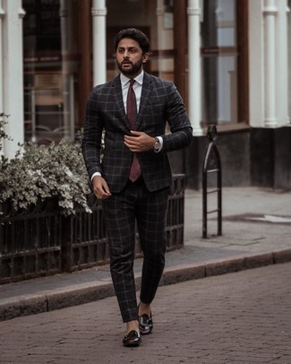 Black Check Suit Outfits: Teaming a black check suit and a white dress shirt is a guaranteed way to inject your current styling lineup with some manly sophistication. Let your expert styling truly shine by finishing this look with burgundy leather double monks.