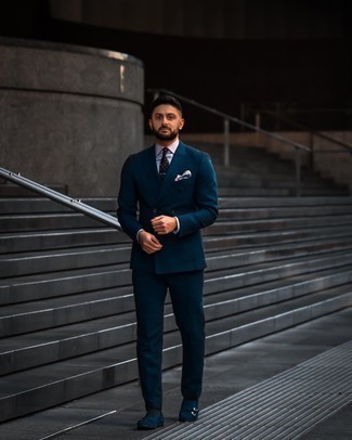 Dark Brown Polka Dot Tie Outfits For Men: This sophisticated combo of a navy suit and a dark brown polka dot tie is truly a statement-maker. Add a relaxed twist to your outfit by sporting a pair of navy suede double monks.