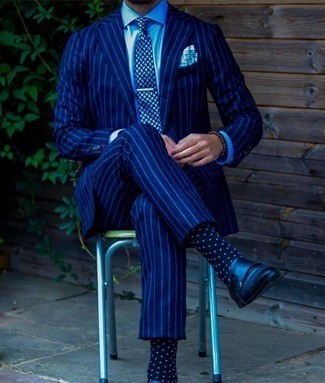 Navy and White Polka Dot Socks Outfits For Men: A navy vertical striped suit and navy and white polka dot socks are a nice look worth having in your off-duty rotation. Navy leather double monks will add a more sophisticated twist to an otherwise everyday ensemble.