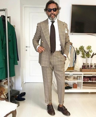 Tobacco Leather Double Monks Outfits: This pairing of a tan plaid suit and a white dress shirt couldn't possibly come across as anything other than outrageously dapper and classy. The whole getup comes together quite nicely when you round off with tobacco leather double monks.