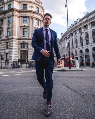 Light Violet Dress Shirt Outfits For Men: A light violet dress shirt and a navy suit are an elegant getup that every modern gent should have in his closet. Go off the beaten path and jazz up your outfit by rocking burgundy leather double monks.