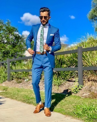 Mint Print Tie Outfits For Men: You're looking at the solid proof that an aquamarine suit and a mint print tie are amazing when combined together in a refined ensemble for today's gent. A pair of tobacco leather double monks effortlessly kicks up the wow factor of this look.
