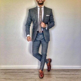 Blue Check Suit Outfits: A blue check suit and a white dress shirt are absolute must-haves if you're putting together a smart wardrobe that matches up to the highest sartorial standards. Look at how great this look is finished off with tobacco leather double monks.