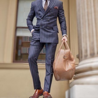 Dark Brown Leather Double Monks Warm Weather Outfits: Go for a navy vertical striped suit and a white dress shirt for sophisticated style with a modern take. On the shoe front, this look is completed wonderfully with dark brown leather double monks.