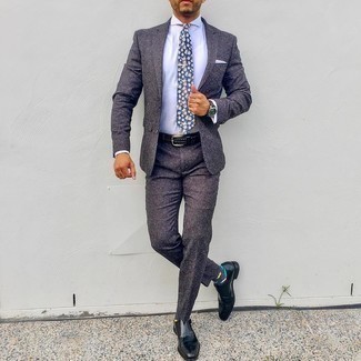 Navy Floral Tie Outfits For Men: You're looking at the definitive proof that a navy suit and a navy floral tie are amazing when paired together in an elegant look for today's guy. For something more on the casual and cool side to complete your outfit, complete your look with black leather double monks.