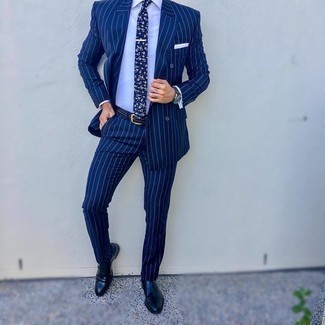 Navy Floral Tie Outfits For Men: We love how this combination of a navy vertical striped suit and a navy floral tie instantly makes men look polished and dapper. If you need to easily play down this look with one piece, add a pair of navy leather double monks to the mix.