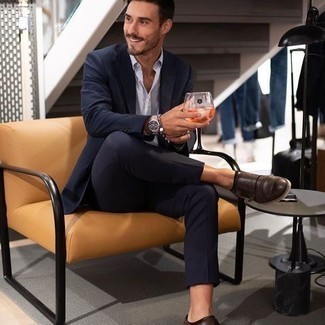 White Dress Shirt with Dark Brown Leather Double Monks Dressy Outfits: To look like a proper gentleman, wear a white dress shirt and a navy suit. Inject a carefree feel into this ensemble by sporting dark brown leather double monks.