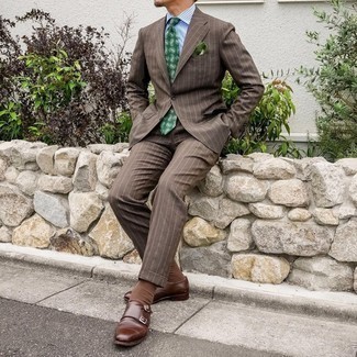 Dark Brown Leather Double Monks Warm Weather Outfits: For a look that's truly gasp-worthy, pair a brown vertical striped suit with a light blue vertical striped dress shirt. Add a pair of dark brown leather double monks to the mix and ta-da: the look is complete.