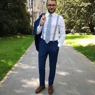 Light Blue Beaded Bracelet Outfits For Men: A navy vertical striped suit and a light blue beaded bracelet are great menswear must-haves that will integrate really well within your casual rotation. For a dressier aesthetic, complement your outfit with a pair of brown suede double monks.