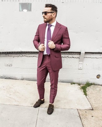 Burgundy Suit Outfits: Wear a burgundy suit and a white dress shirt if you're going for a neat, fashionable ensemble. Dark brown suede double monks are a simple way to bring an element of stylish effortlessness to this ensemble.