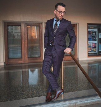 Dark Brown Leather Double Monks Warm Weather Outfits: Combining a violet vertical striped suit and a light blue dress shirt is a surefire way to inject personality into your styling arsenal. Bring a more relaxed feel to by wearing a pair of dark brown leather double monks.